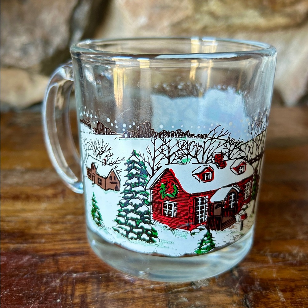 Vintage Village Snow Libby Glass Holiday Mug Cottagecore Christmas Farmhouse